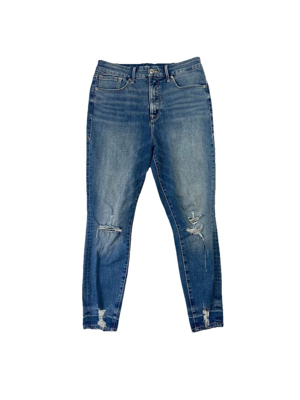 Good American Good Waist Skinny Jeans High Rise Mid Wash Distressed Women 14/32